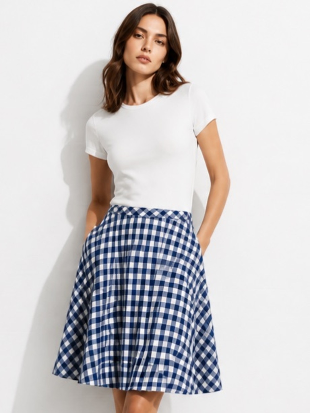 J CREW Skirt Gingham Linen Full Circle Plaid Navy Blue White F1123